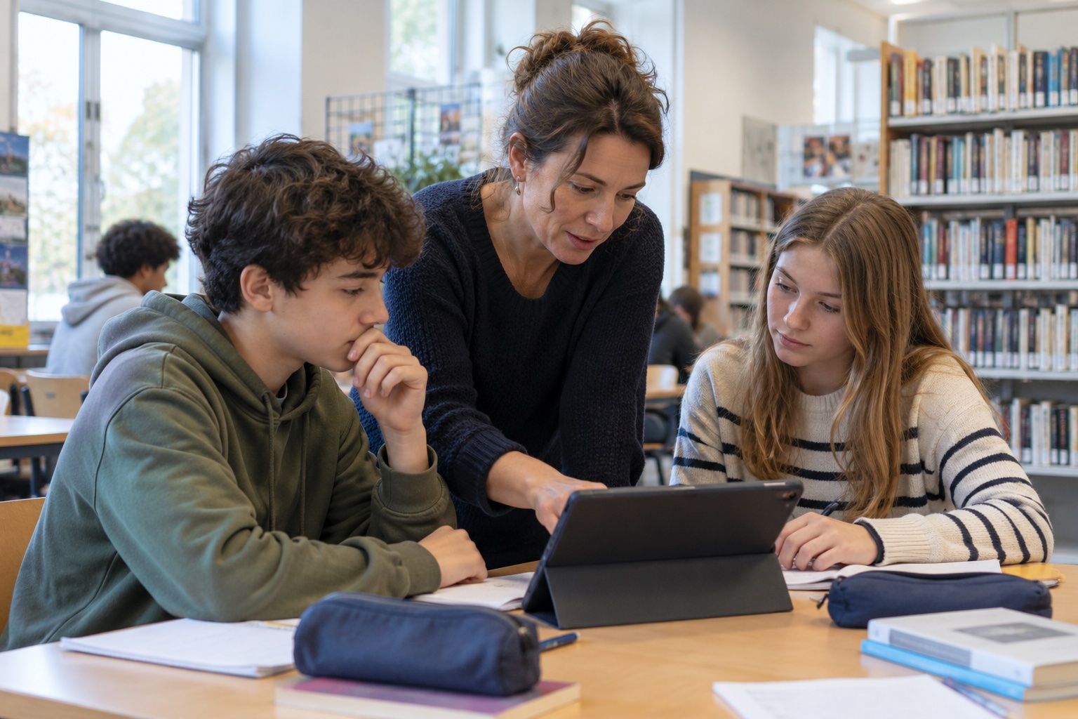 Photographie générée : une enseignante échange avec deux collégiens autour d’une tablette au CDI.